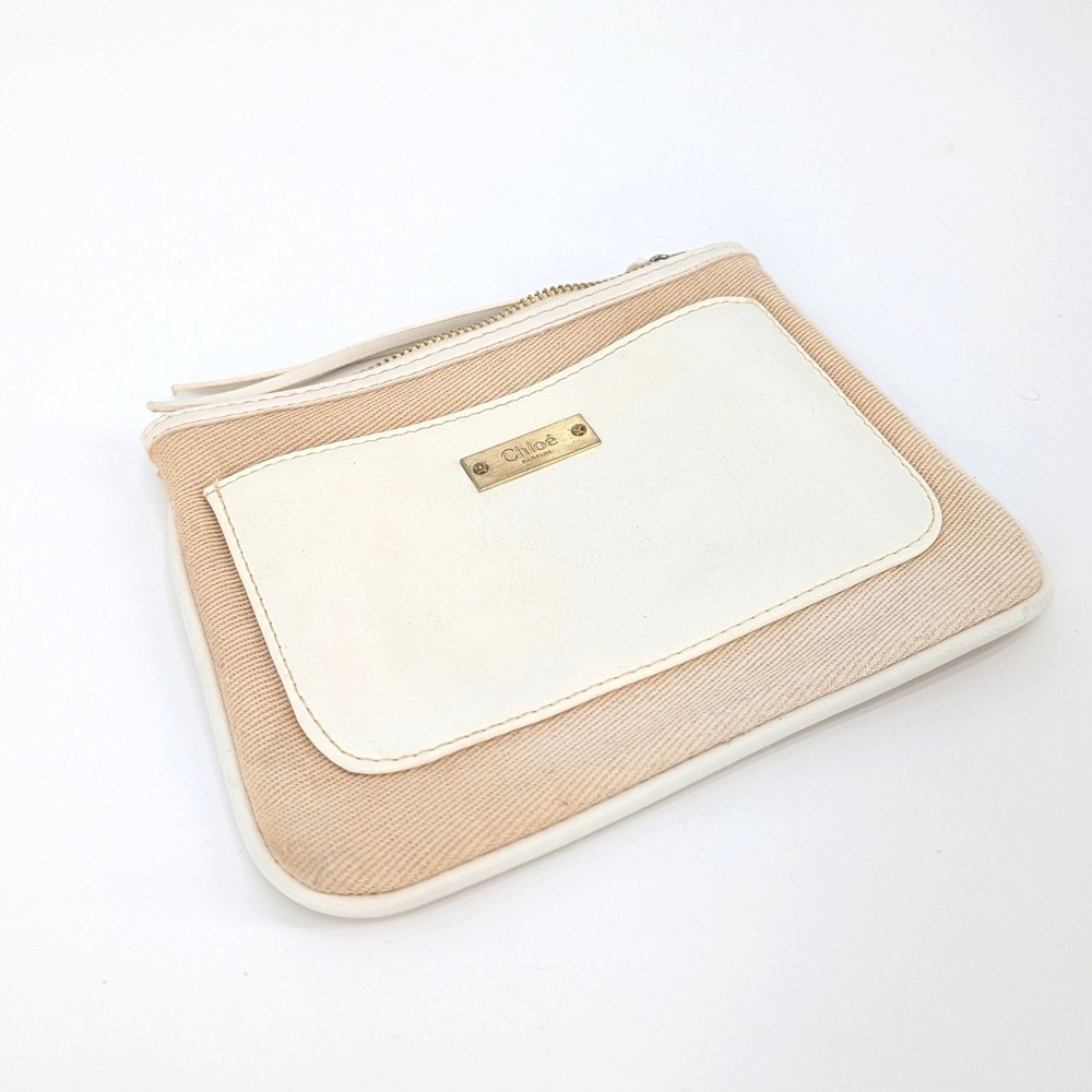 Chloe Parfums Canvas Cosmetic Pouch Tan White Logo Zip Clutch
